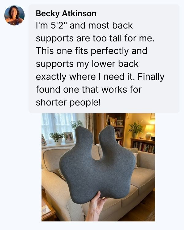Gray back support pillow held by a person in a living room setting with a quote from Becky Atkinson.