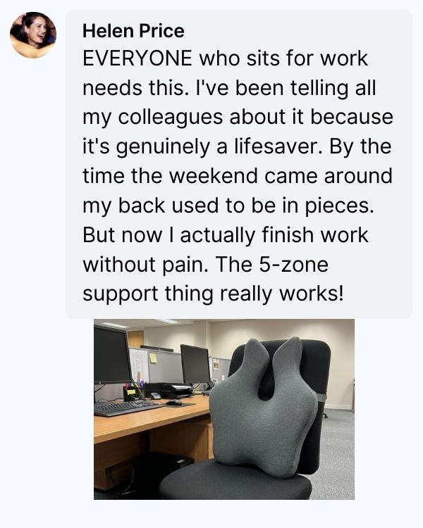 Grey office chair with a pillow and comment about its benefits