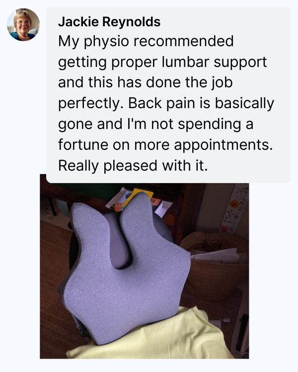 Back pillow with text about physio support and back pain relief