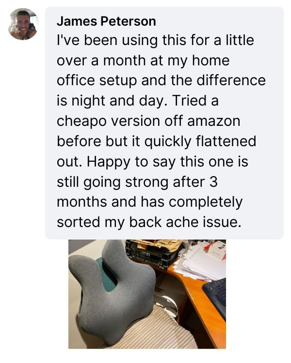 Product review with a cushion on a desk and a person's face in the corner