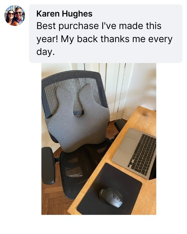 Gray office chair with ergonomic design on a desk, text overlay about a good purchase.