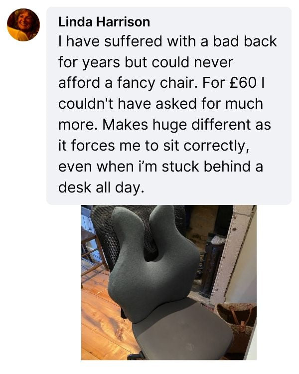 Text review of a back support product with a photo of the product.