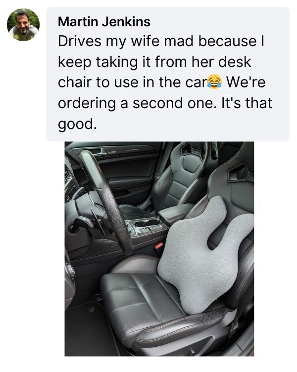 Car interior with a back cushion on the driver's seat, captioned with humorous text about a wife being mad.