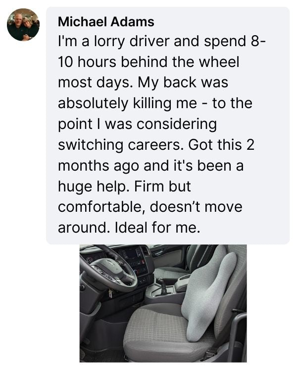 Text from Michael Adams about a lorry driver's experience with a seat cushion, overlaid on an image of a truck interior.