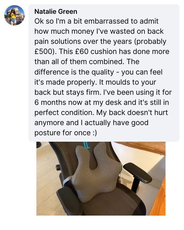 Product review of a back pain cushion with text about its effectiveness and quality.