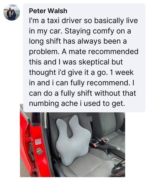 Text about a taxi driver using a car seat cushion for comfort during long shifts, with an image of the cushion in a car.