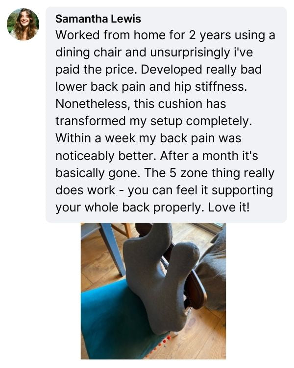 Product review with text and image of person using a cushion on a chair.