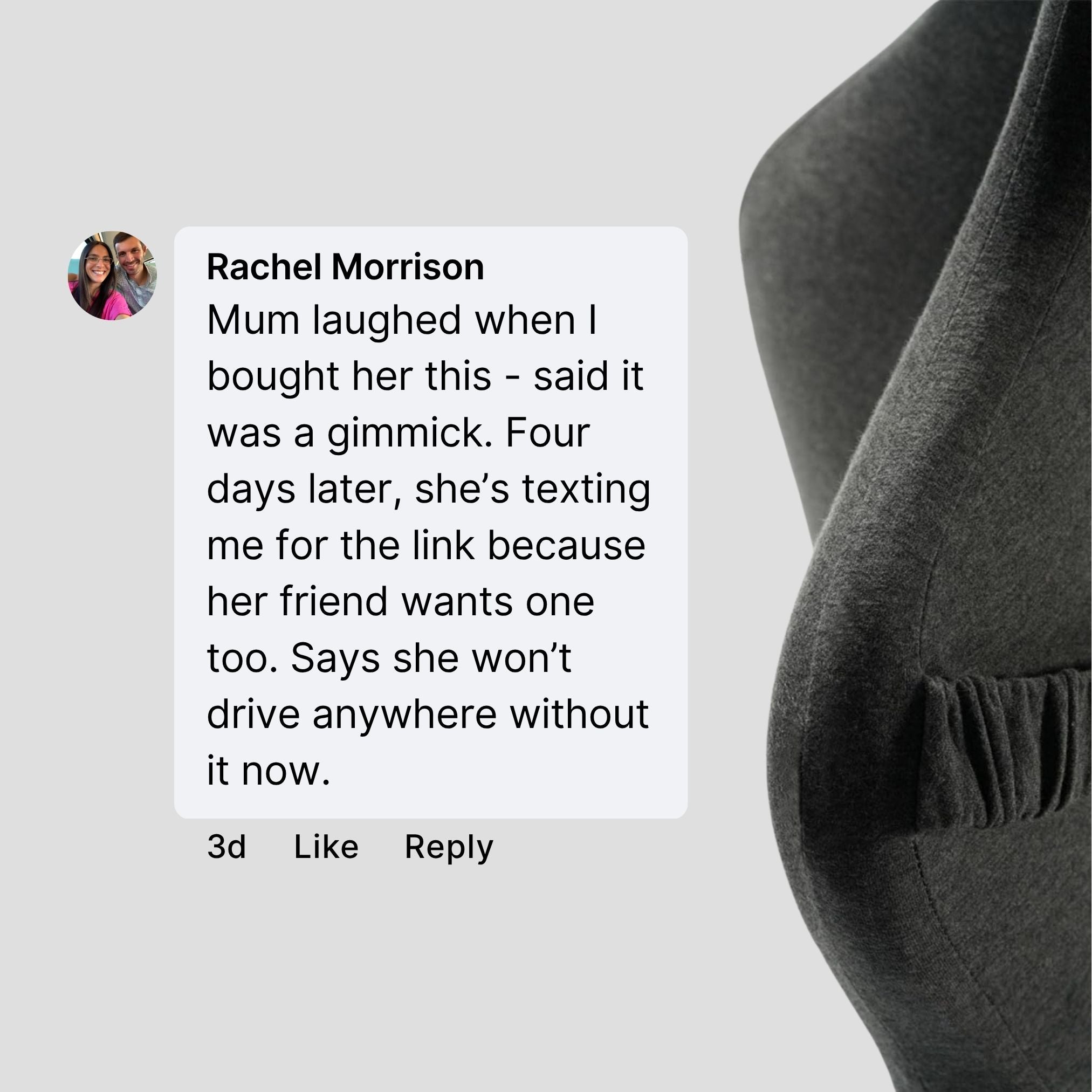 Facebook testimonial, next to a side on product shot of the grey seat cushion